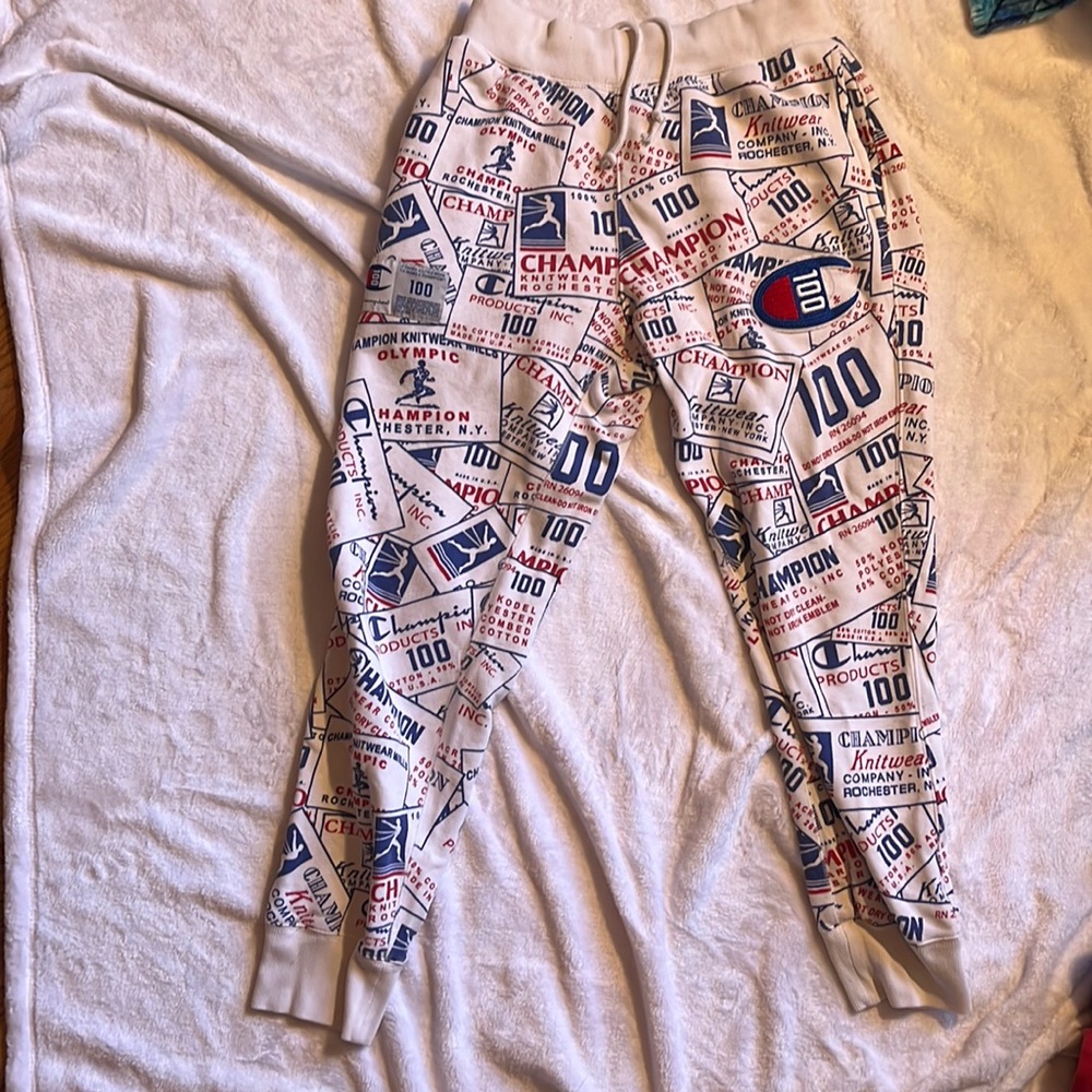 champion sweatpants, medium size, blue red and white colored
